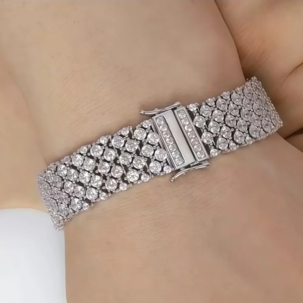 Dazzling 925 Sterling Silver Moissanite Wide Bracelet 6.79" New - Picture 1 of 13